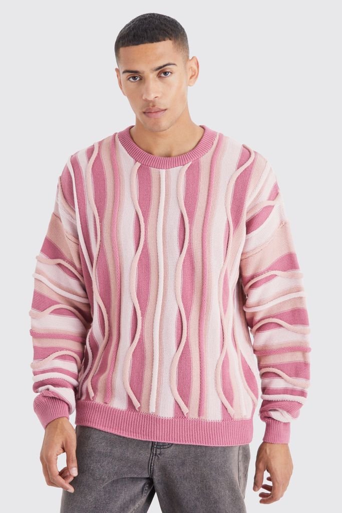 Men's Oversized 3D Jacquard Knitted Jumper - Pink - L, Pink