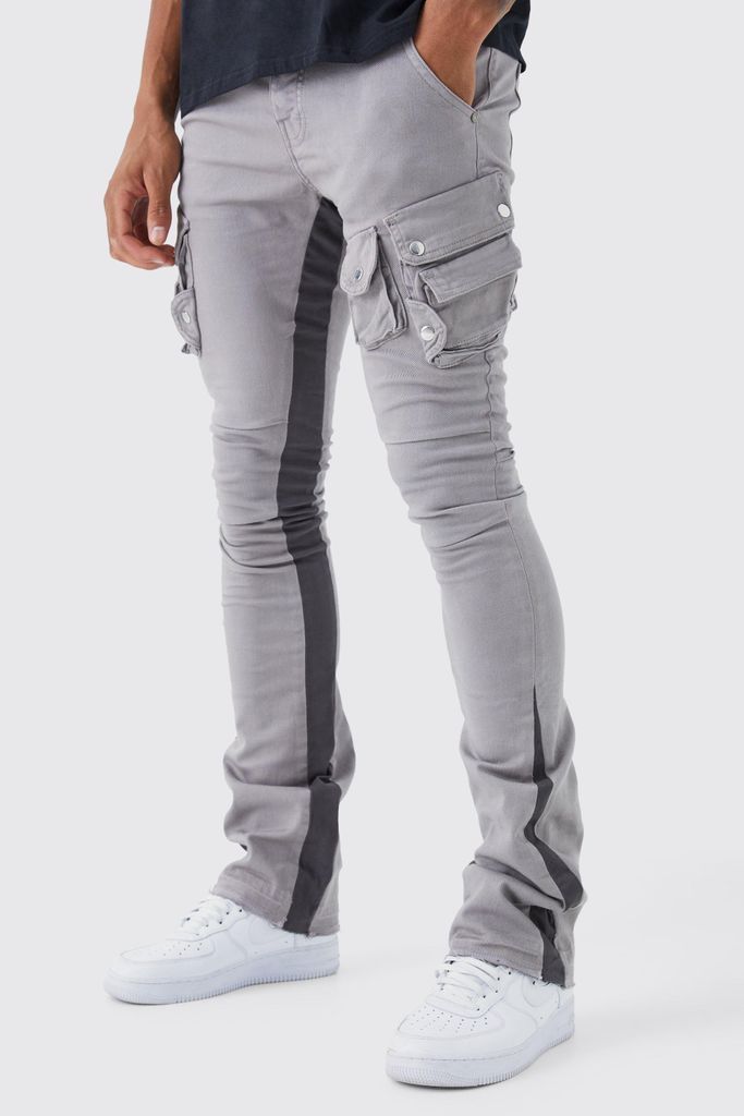 Men's Tall Fixed Waist Skinny Stacked Flare 3D Cargo Trouser - Grey - 34, Grey