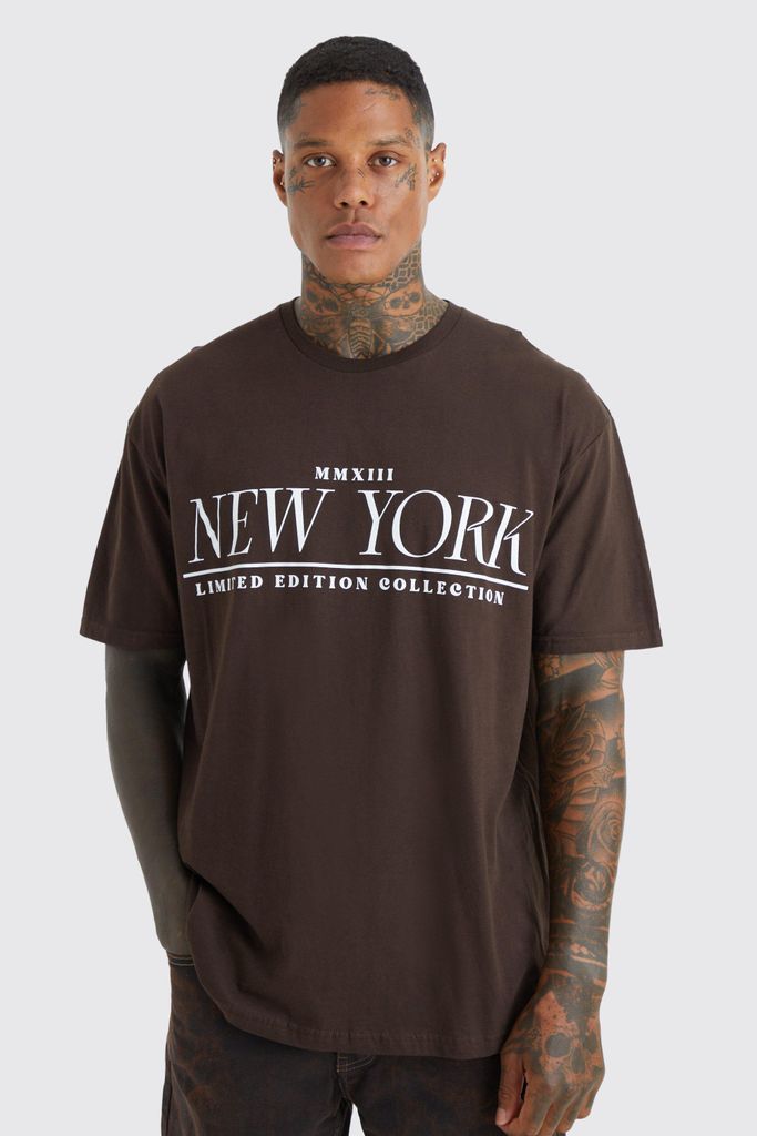 Men's Oversized New York Slogan T-Shirt - Brown - Xs, Brown