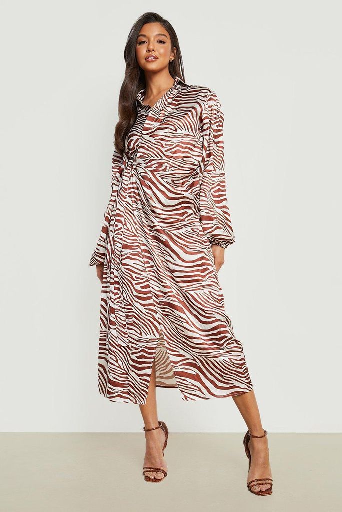 Womens Zebra Print Satin Wrap Shirt Dress - Brown - 10, Brown