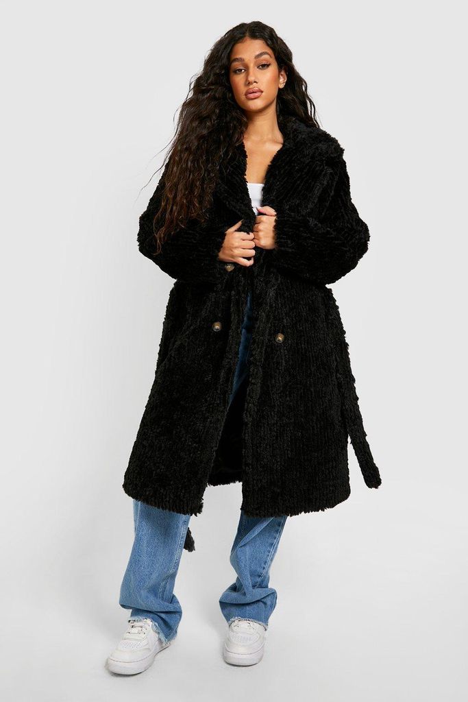 Womens Textured Faux Fur Belted Coat - Black - 10, Black