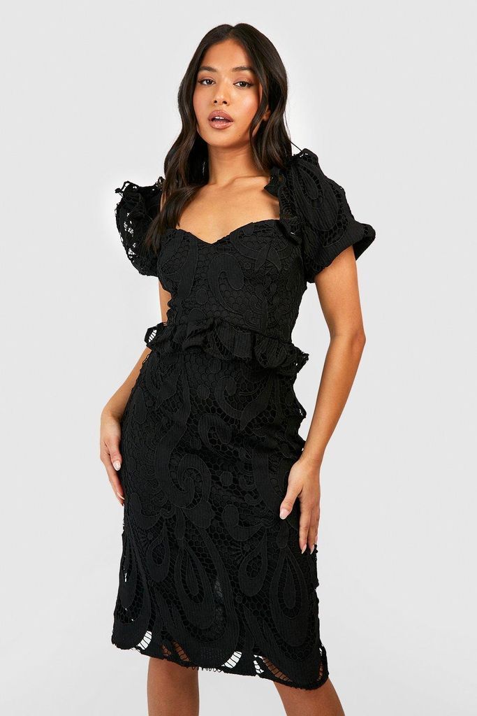 Womens Petite Premium Lace Puff Sleeve Midi Dress - Black - 10, Black