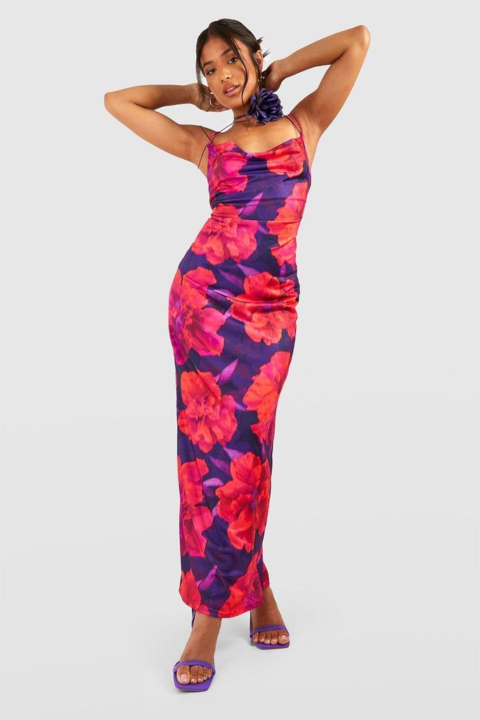 Womens Petite Bold Floral Cowl Neck Maxi Dress - Purple - 12, Purple