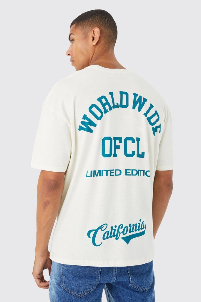 Men's Oversized Varsity Worldwide Print T-Shirt - Cream - L, Cream