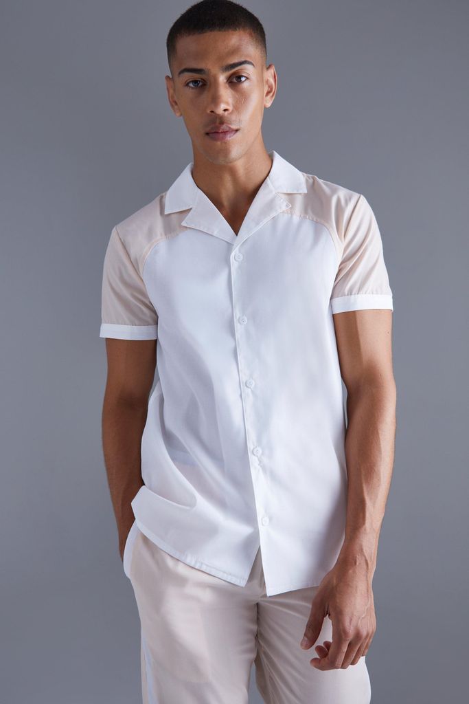 Men's Short Sleeve Revere Panel Shirt - Beige - M, Beige