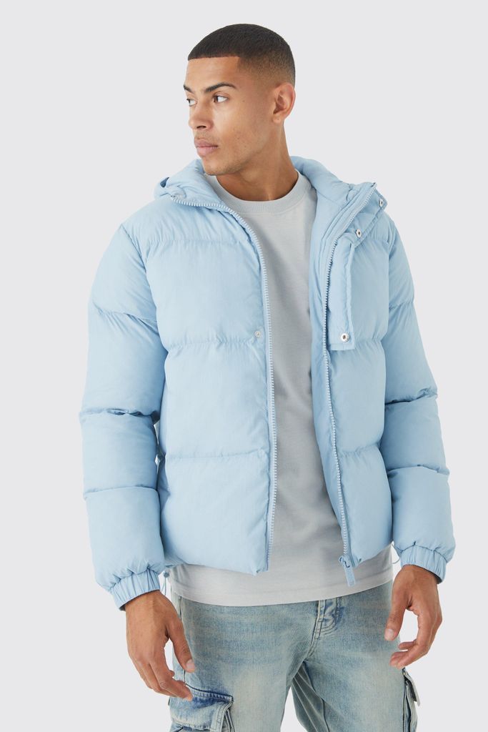 Men's Boxy Hooded Puffer With Half Placket - Blue - L, Blue