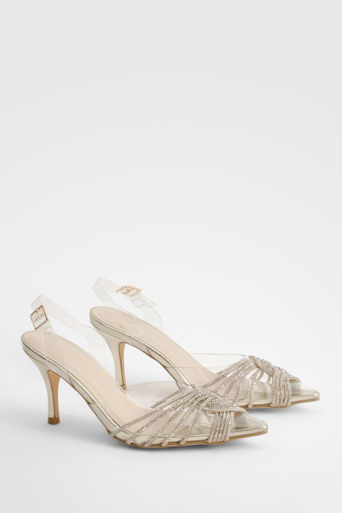 Womens Embellished Clear Slingback Court Heels - Gold - 3, Gold