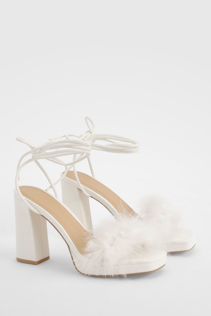 Womens Feather Strap Wrap Up Block Heels - White - 3, White