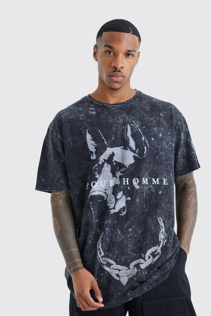 Men's Oversized Homme Dog Graphic Wash T-Shirt - Grey - Xs, Grey