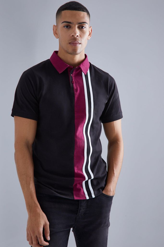 Men's Colour Block Striped Polo - Black - L, Black