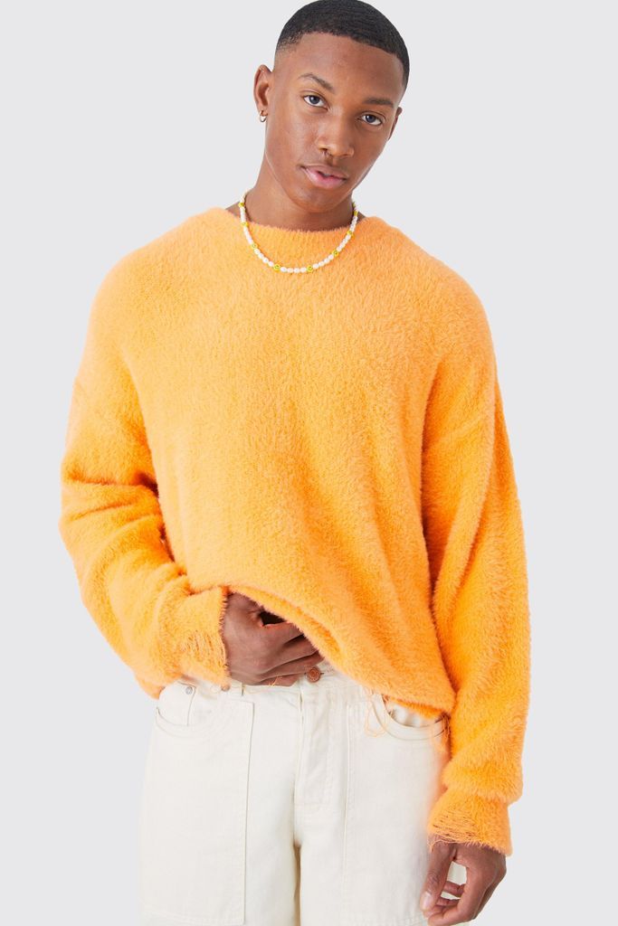 Men's Boxy Distressed Fluffy Knitted Jumper - Orange - L, Orange