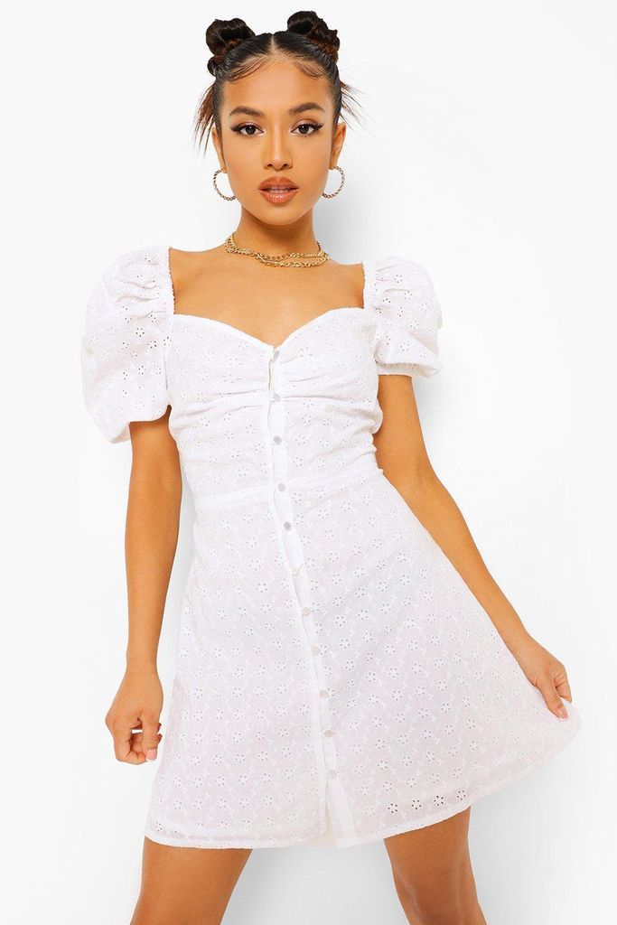 Womens Petite Broderie Puff Sleeve Dress - White - 10, White