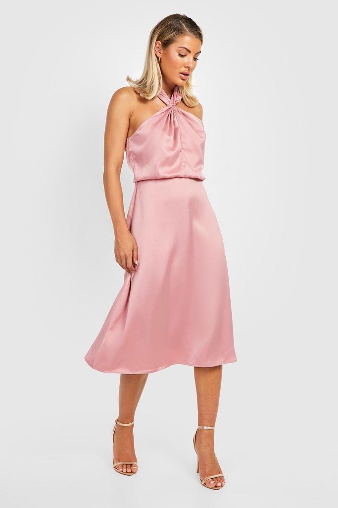 Womens Satin Halterneck Twist Midi Bridesmaid Dress - Pink - 8, Pink