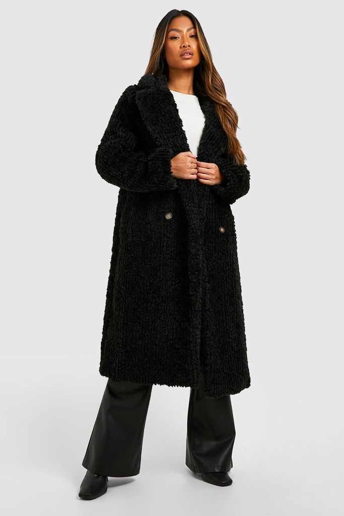 Womens Textured Faux Fur Double Breasted Coat - Black - 10, Black