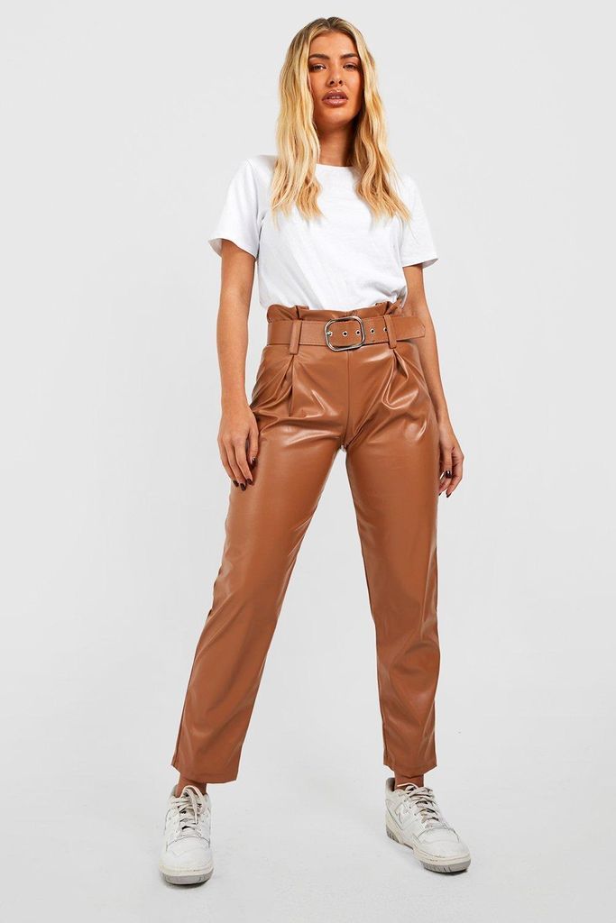 Womens Leather Look Belted High Waisted Trousers - Brown - 6, Brown