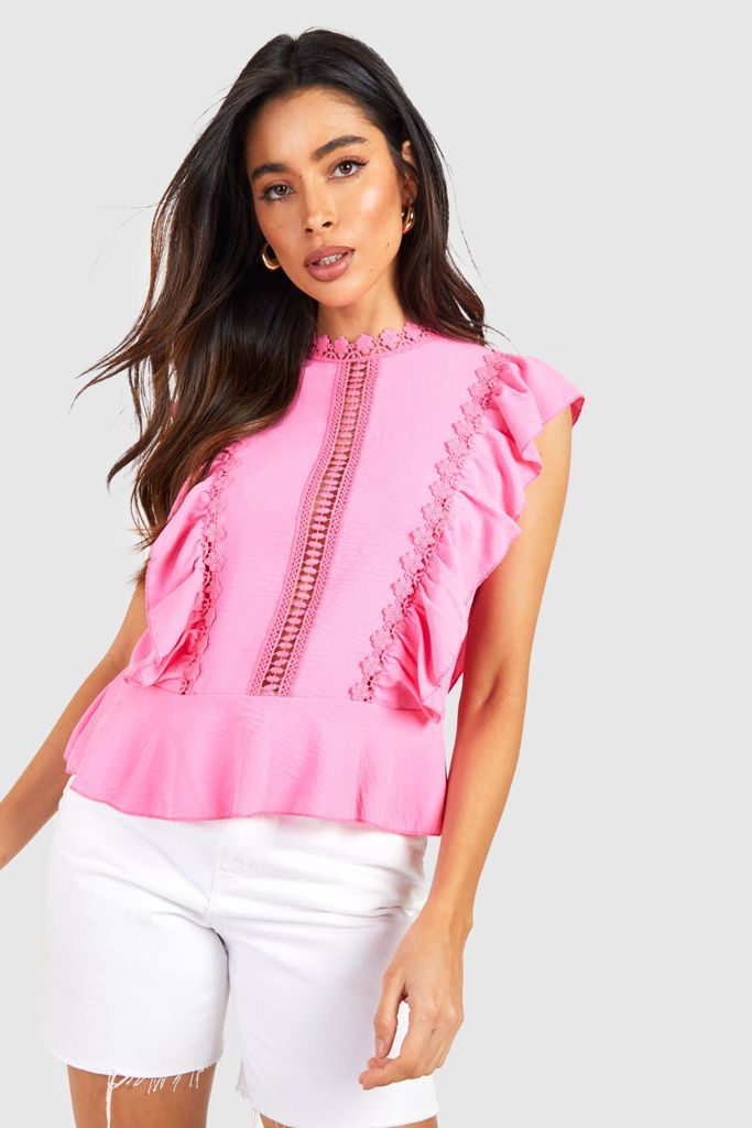 Womens Linen Look Crochet Detail Top - Pink - 10, Pink