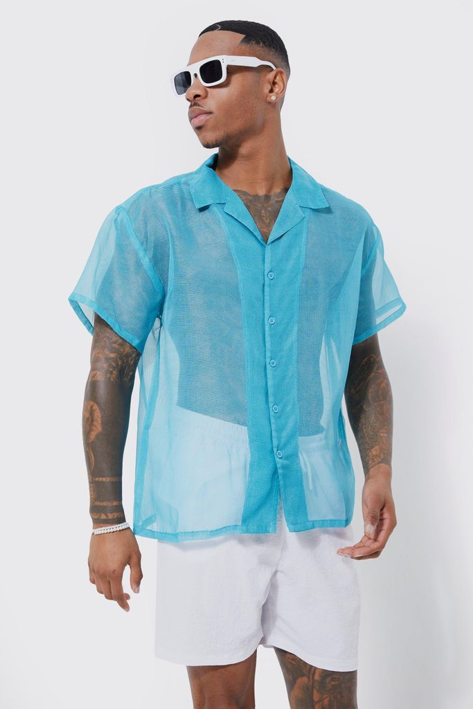 Men's Short Sleeve Boxy Sheer Shirt - Blue - L, Blue