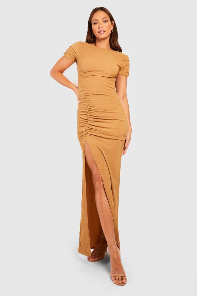 Womens Tall Textured Ruched Detail Split Maxi Dress - Beige - 8, Beige