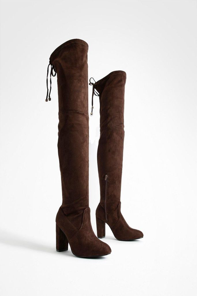 Womens Block Heel Stretch Knee High Boots - Brown - 4, Brown