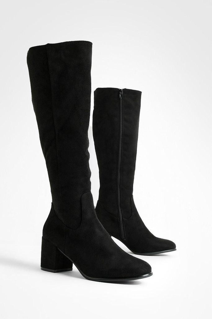 Womens Low Block Basic Pull On Knee High Boots - Black - 4, Black