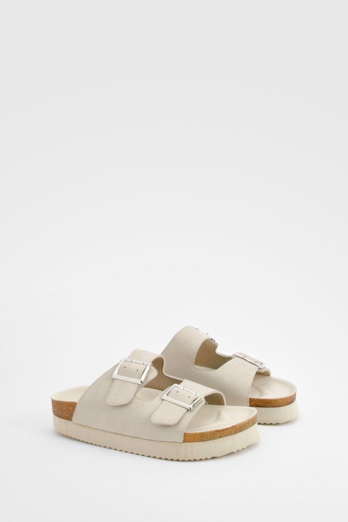 Womens Wide Fit Square Buckle Footbed Sliders - Cream - 3, Cream