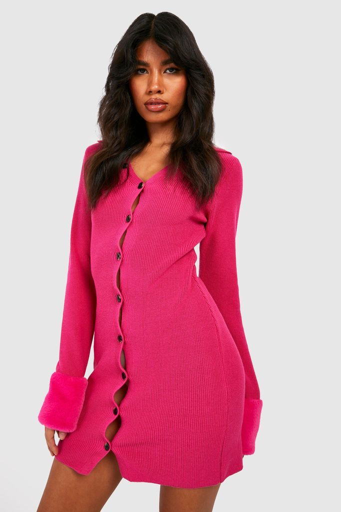 Womens Faux Fur Trim Rib Knit Collared Dress - Pink - S, Pink