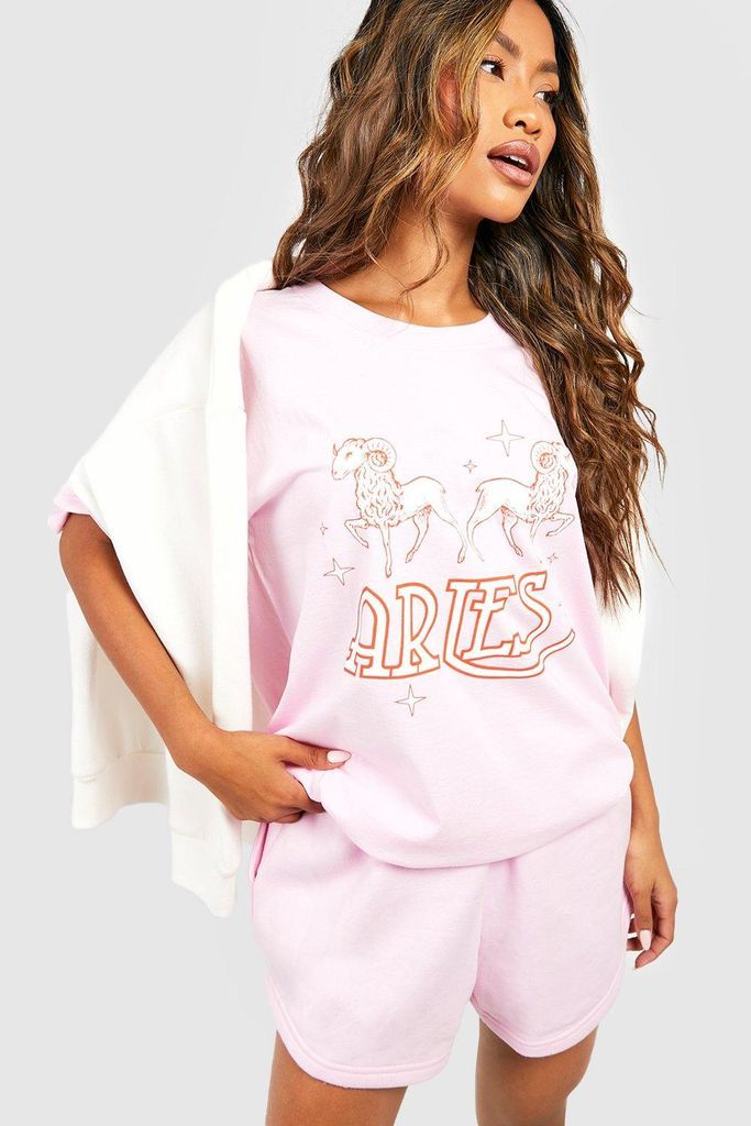 Womens Aries Zodiac Printed Oversized T-Shirt - Pink - S, Pink