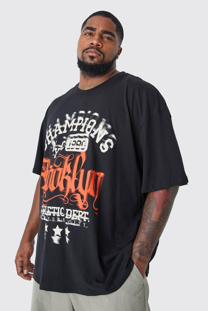 Men's Plus Oversized Blurred Varsity Print T-Shirt - Black - Xxl, Black