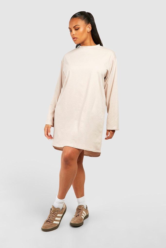 Womens Plus Cotton Long Sleeve Dipped Hem T-Shirt Dress - Beige - 22, Beige