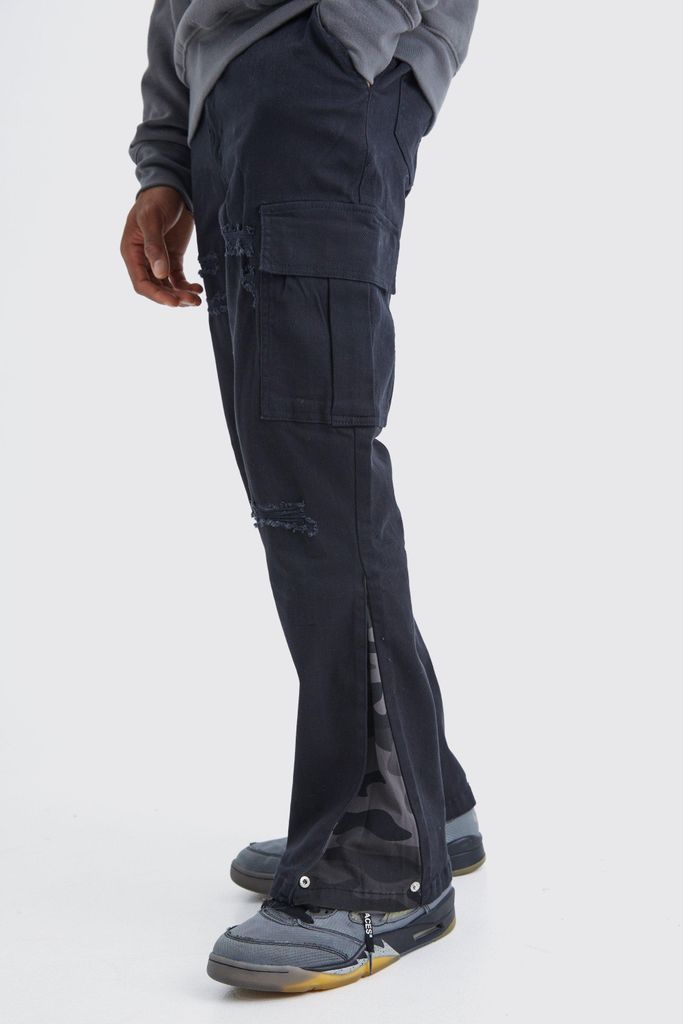 Men's Straight Leg Flare Camo Rip And Repair Trouser - Black - 30, Black