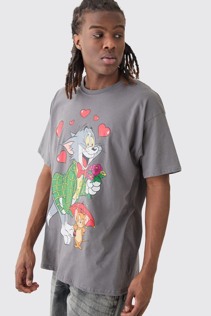 Men's Oversized Tom And Jerry Hearts License T-Shirt - Grey - S, Grey