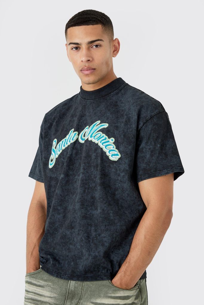 Men's Boxy Extended Neck Santa Monica Acid Wash T-Shirt - Black - S, Black
