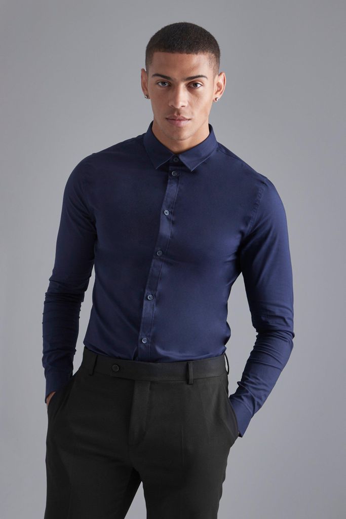 Men's Long Sleeve Stretch Shirt - Navy - L, Navy