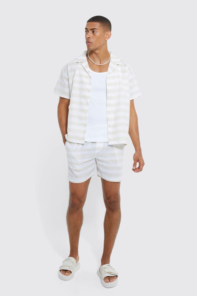 Men's Short Sleeve Boxy Mini Stripe Shirt And Short - Cream - M, Cream