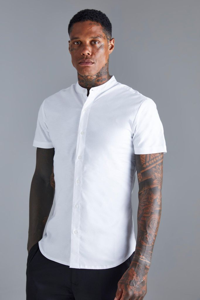 Men's Short Sleeve Grandad Stretch Shirt - White - S, White