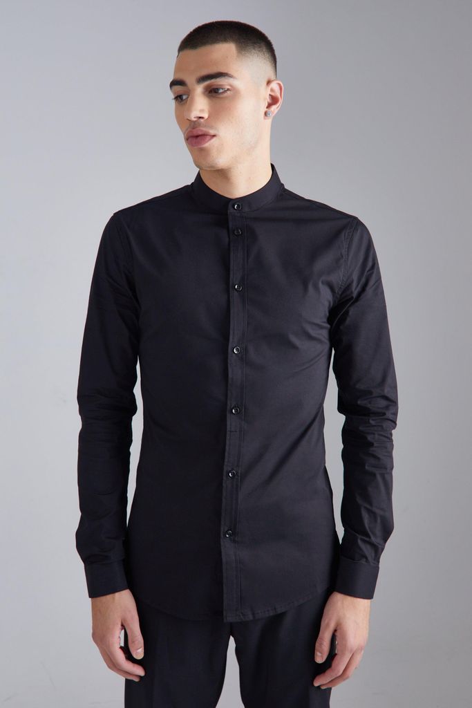 Men's Long Sleeve Grandad Collar Stretch Fit Shirt - Black - S, Black