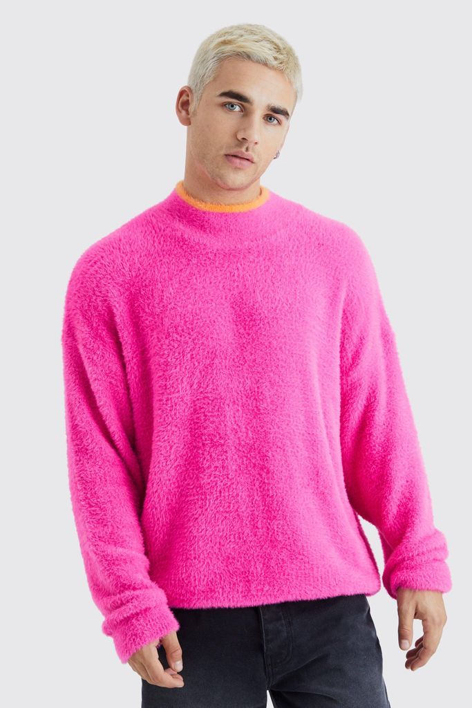 Men's Oversized Fluffy Funnel Neck Jumper With Tipping - Pink - L, Pink
