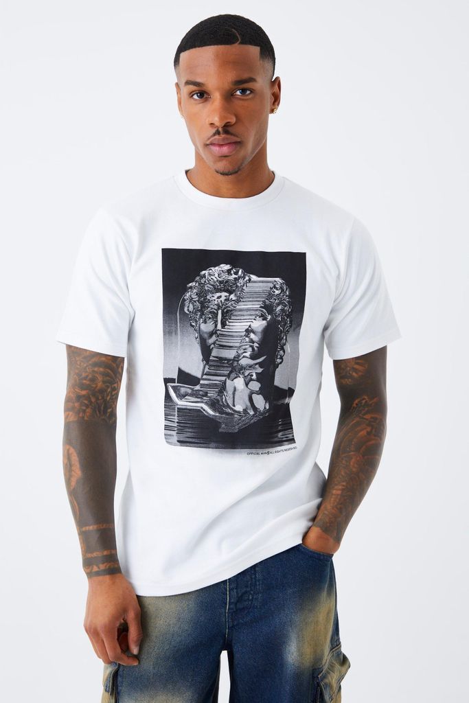 Men's Slim Fit Interlock Statue Print T-Shirt - White - L, White