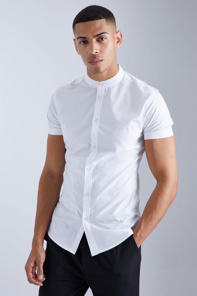 Men's Short Sleeve Grandad Collar Stretch Shirt - White - S, White
