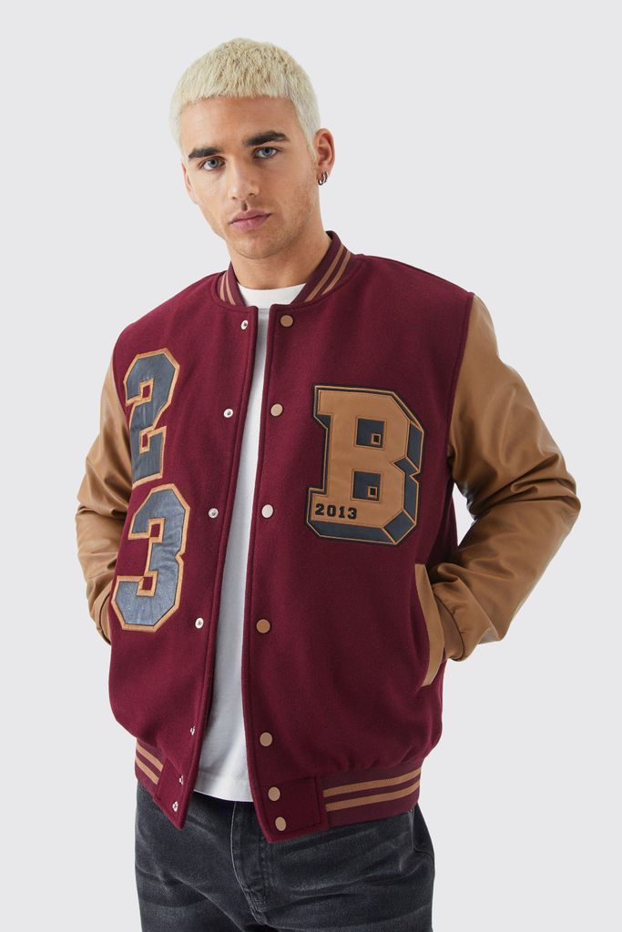Men's Boxy Pu Contrast Sleeve Badge Varsity Jacket - Red - L, Red