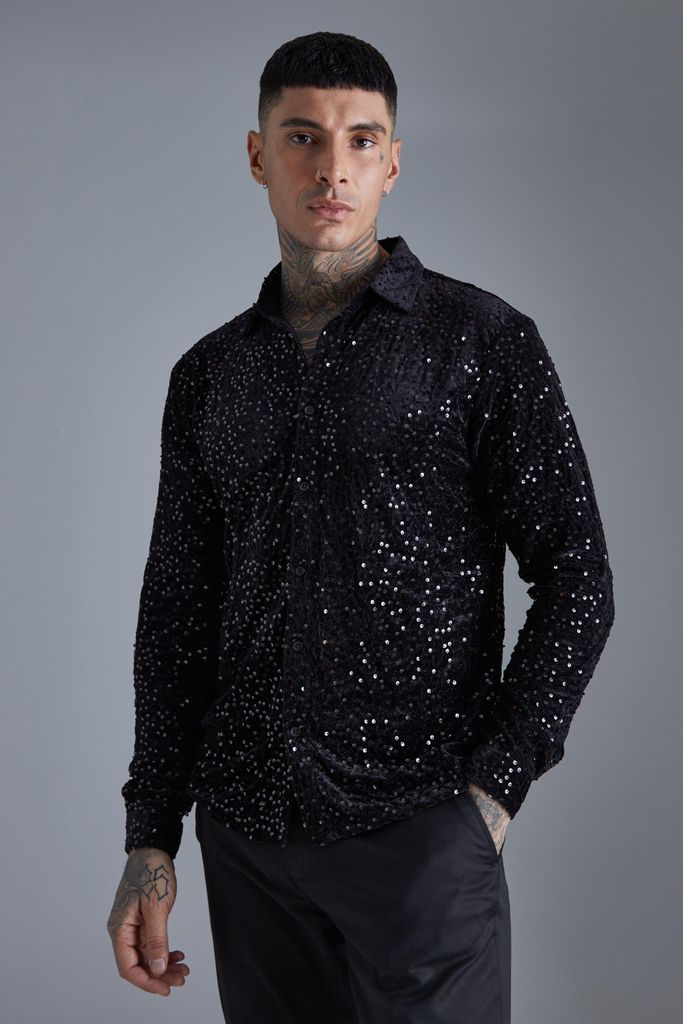Men's Long Sleeve Sequin Velvet Shirt - Black - Xl, Black