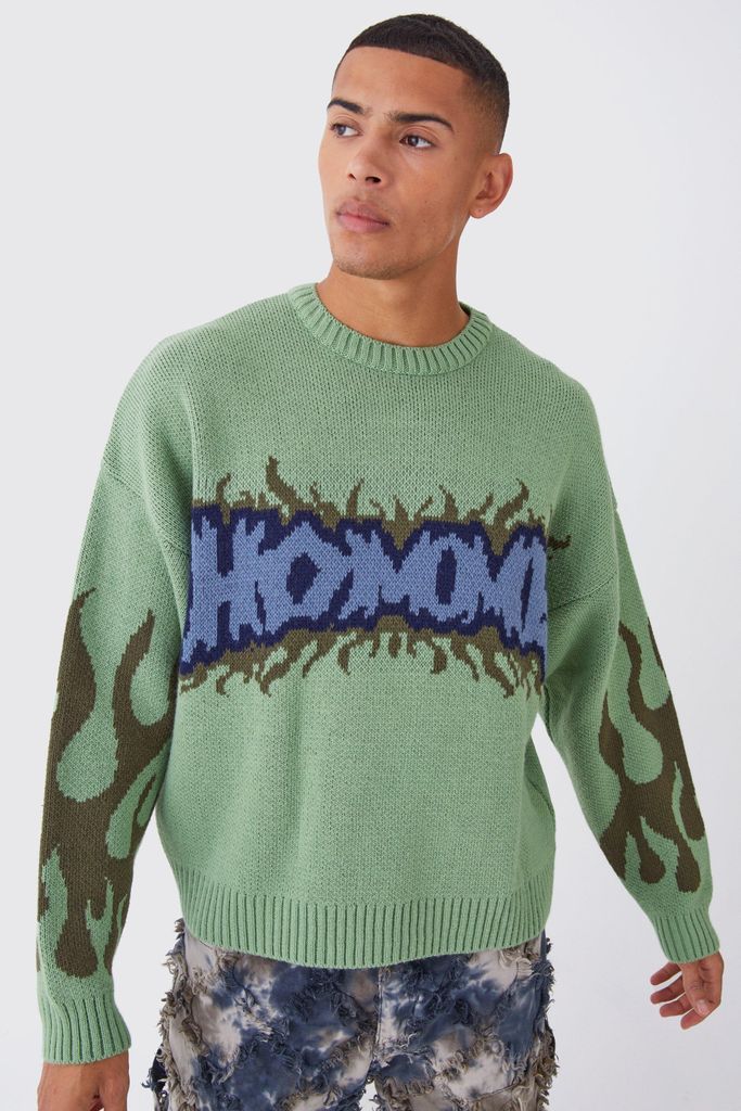 Men's Boxy Homme Graffiti Knitted Jumper - Green - L, Green