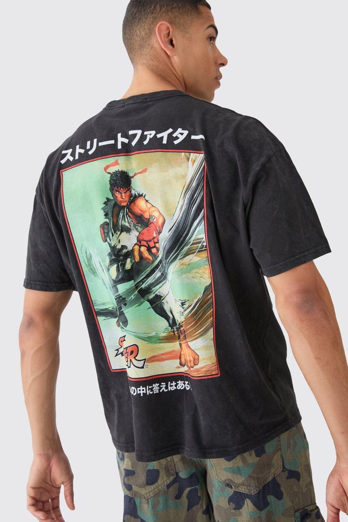 Men's Oversized Street Fighter Anime Wash License T-Shirt - Black - S, Black