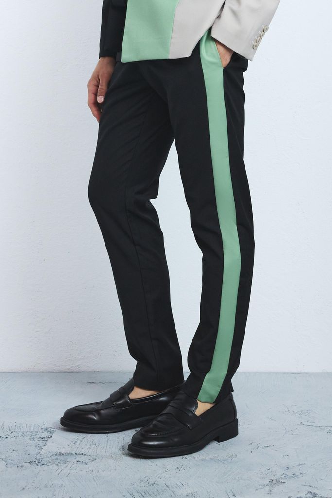 Men's Slim Side Panel Suit Trousers - Green - 28, Green