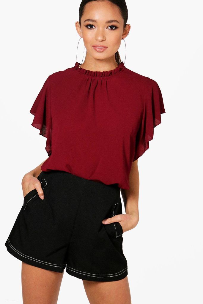 Womens Woven Frill Sleeve And Neck Blouse - Red - 10, Red