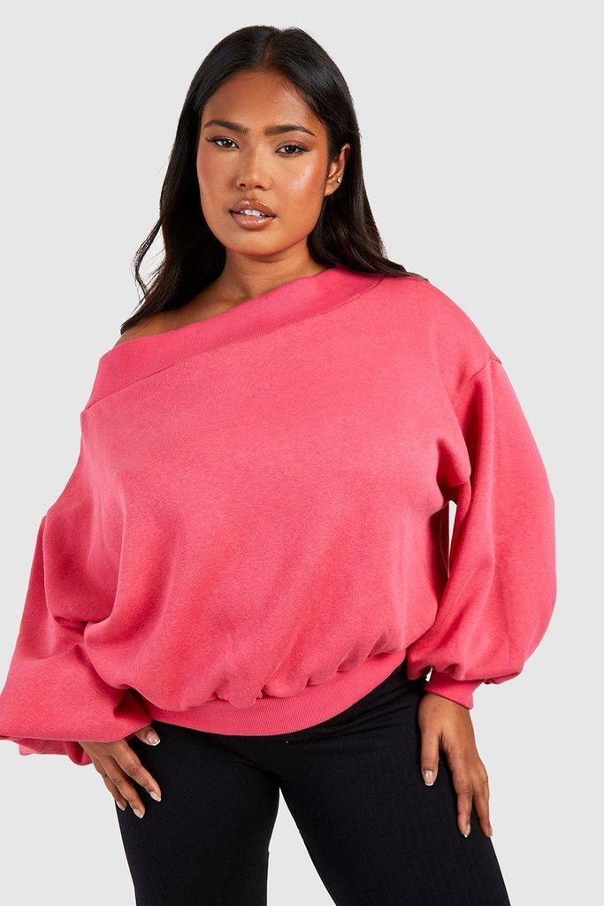 Womens Plus Slash Neck Balloon Sleeve Sweatshirt - Pink - 18, Pink