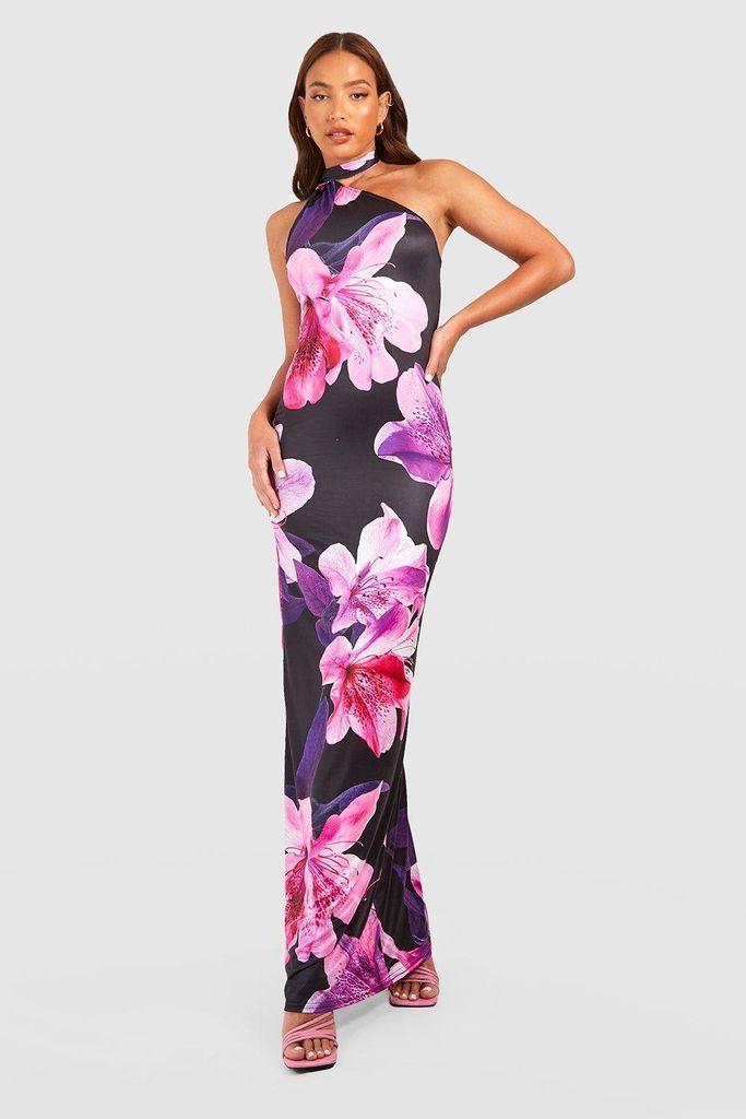Womens Tall Large Floral Print Drape Neck Maxi Dress - Purple - 8, Purple