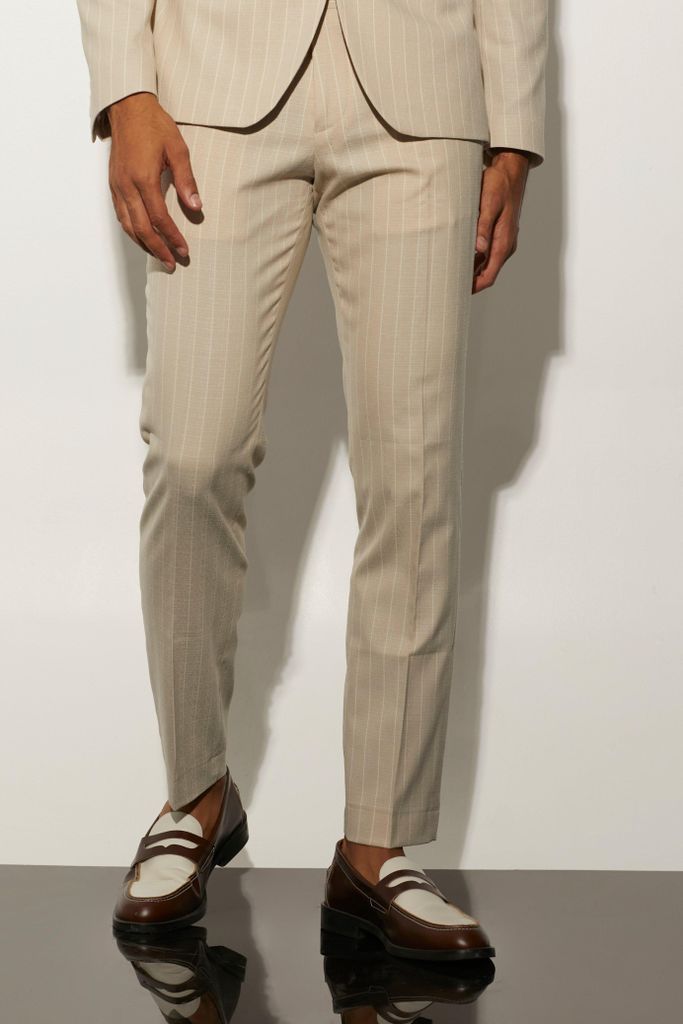 Men's Slim Stripe Textured Suit Trousers - Beige - 30R, Beige