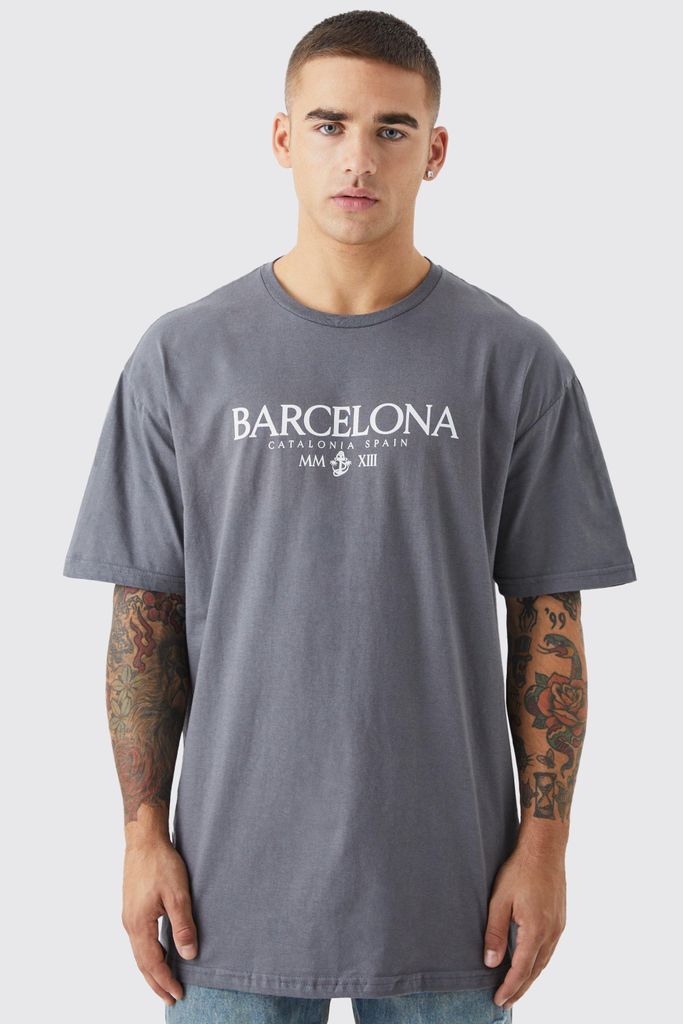 Men's Oversized Barcelona Print T-Shirt - Grey - L, Grey