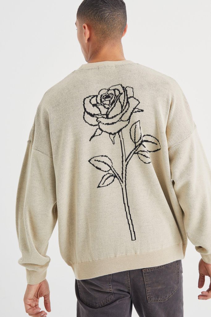 Men's Oversized Line Graphic Rose Knitted Jumper - Beige - L, Beige